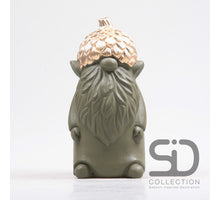 Gnome with acorn, cement, 12x11.5x23.5 cm, olive green