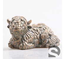 Hooglander Koe m/Kind Cement Goud 16x10x9 cm
