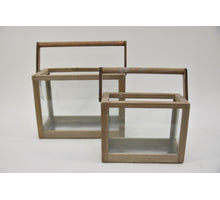 Set/2 lantaarn hout grijs met handvat 23x10,5x17,5 / 30x15x22cm