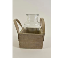 Tray grijs met 1 fles en leren oren grey wash 9x9x12,5cm