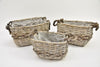 Set of 3 rectangular baskets with jute ears, seagrass/reed, 31x23x17cm, grey