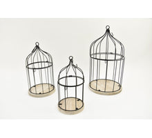 Set of 3 bird cages, black metal with wooden base D21/16/13 H38/31/25cm
