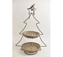 Metalen kerstboom etagere met rietplateau's 45x28x63cm antiek