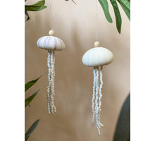 12x Zee-egel ornament hangend lila met witte kralen D6 H18cm